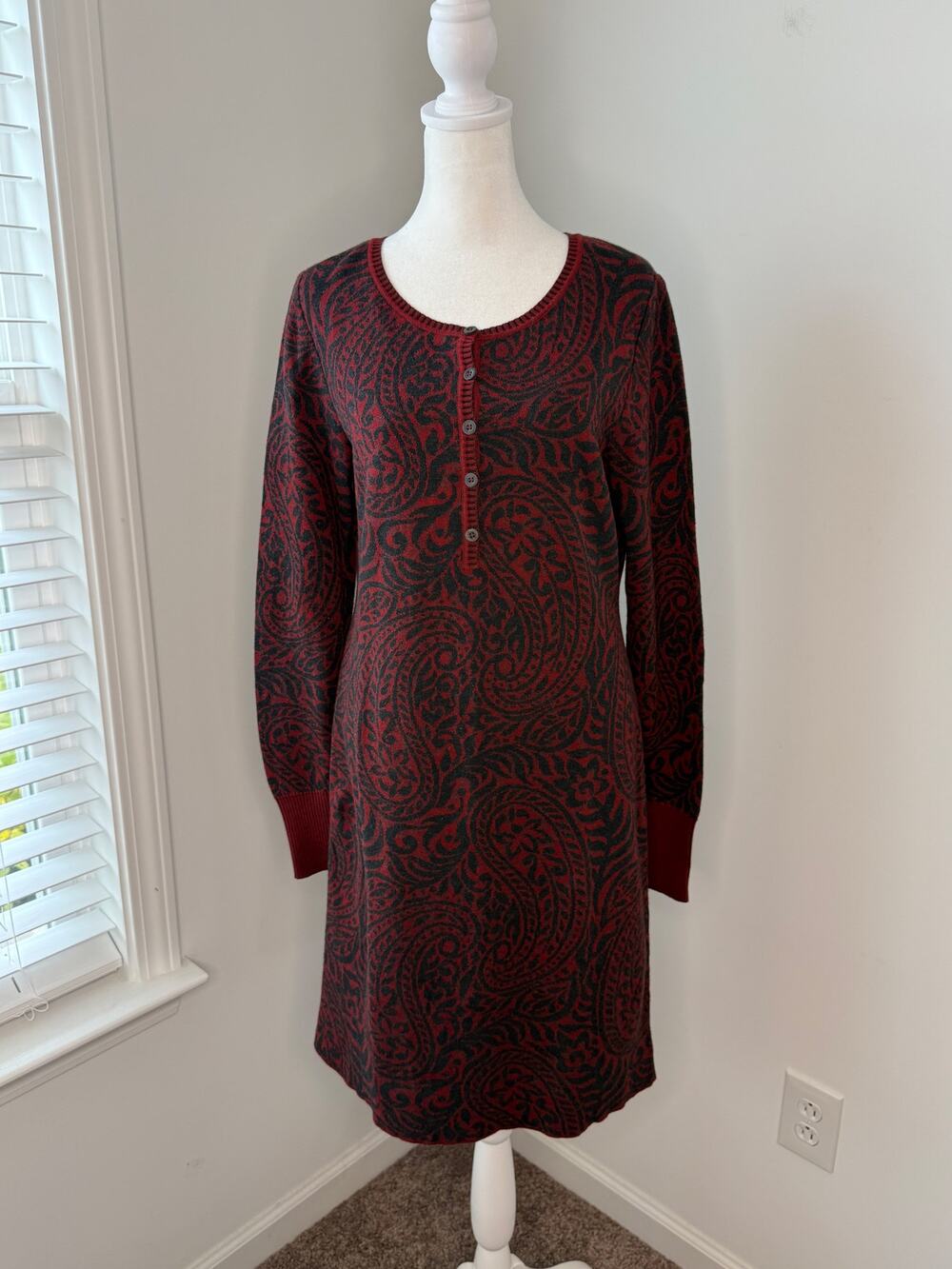 Peruvian Connection Red Charcoal Paisley Sweater Dress